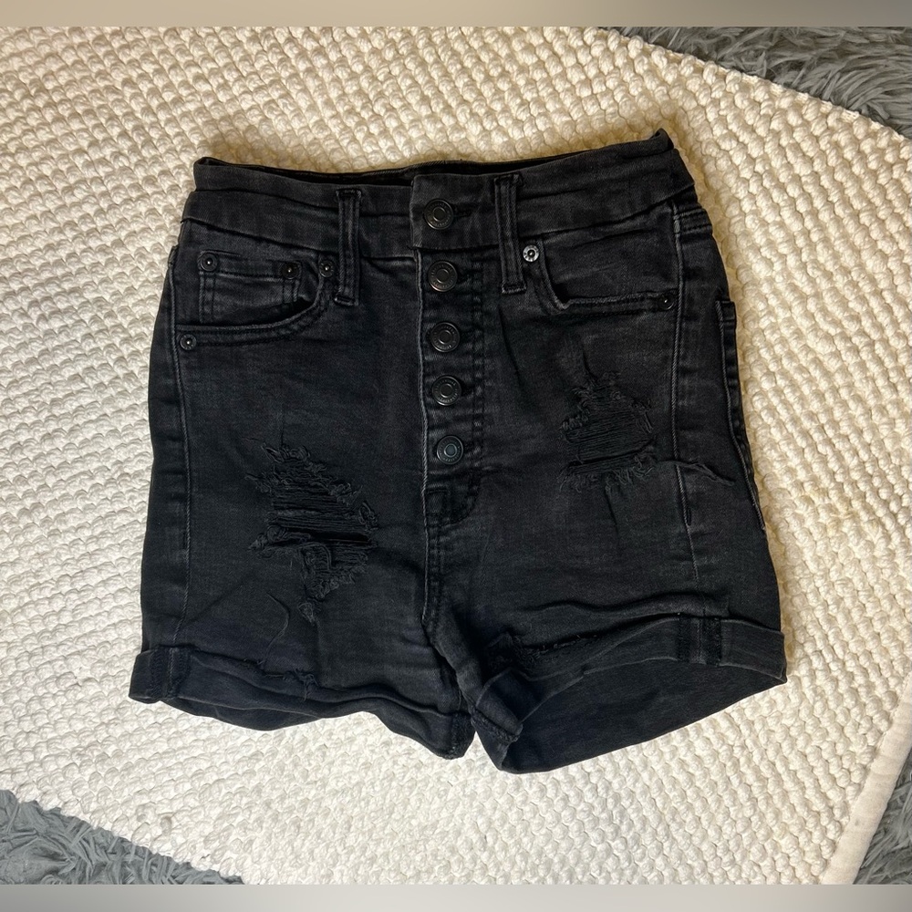 Aero Super High Rise Curvy Midi Distressed Denim Shorts